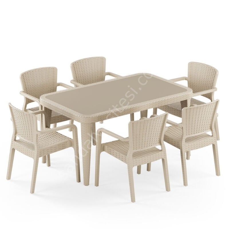 Seul 90x150 cm Rattan 6 Kişilik Camlı Masa Takımı Bej