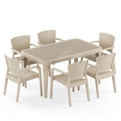 Seul 90x150 cm Rattan 6 Kişilik Camlı Masa Takımı Bej