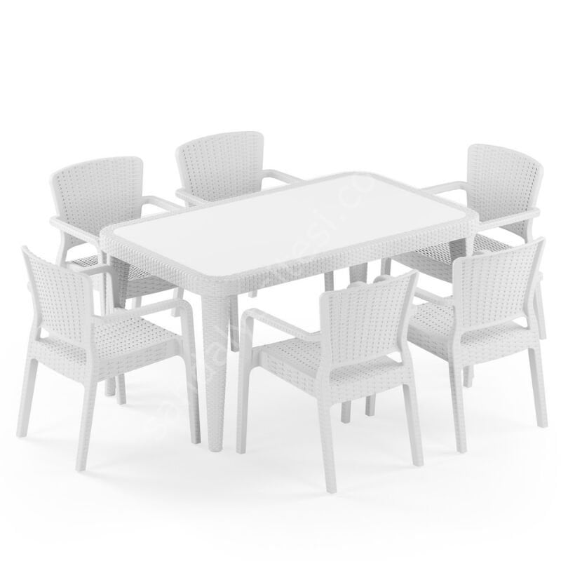 Seul 90x150 cm Rattan 6 Kişilik Camlı Masa Takımı Süt Beyazı