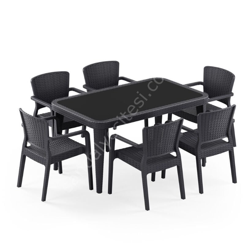 Seul 90x150 cm Rattan 6 Kişilik Camlı Masa Takımı Antrasit