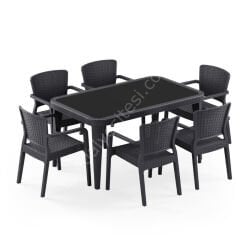 Seul 90x150 cm Rattan 6 Kişilik Camlı Masa Takımı Antrasit