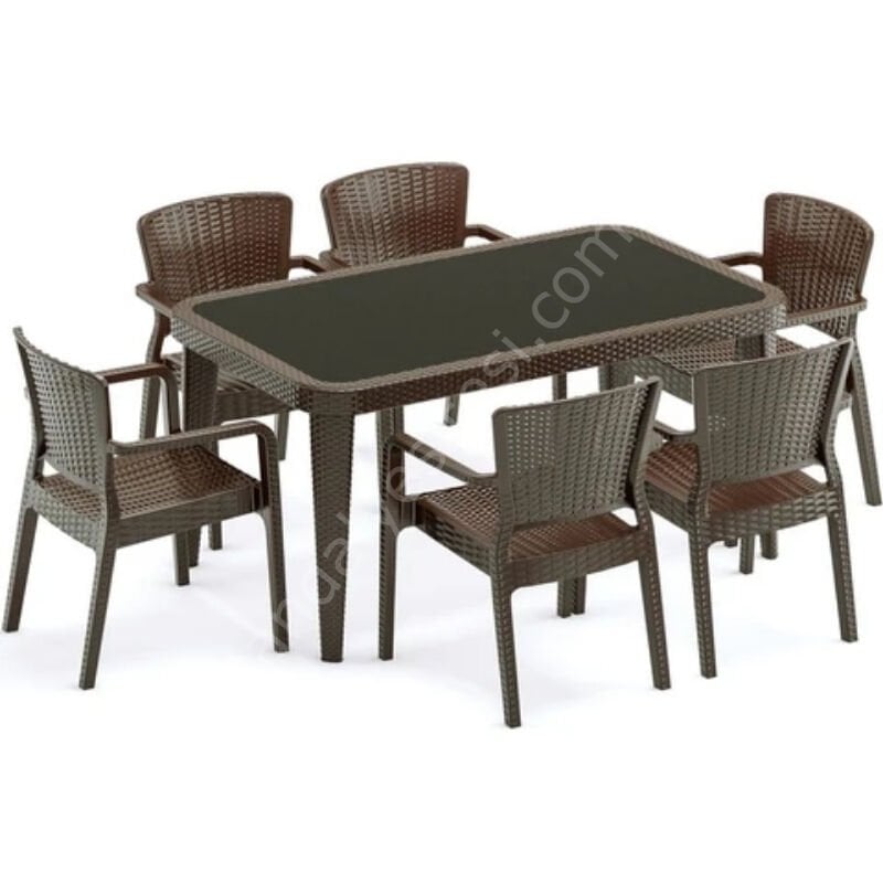 Seul 90x150 cm Rattan 6 Kişilik Camlı Masa Takımı Venge