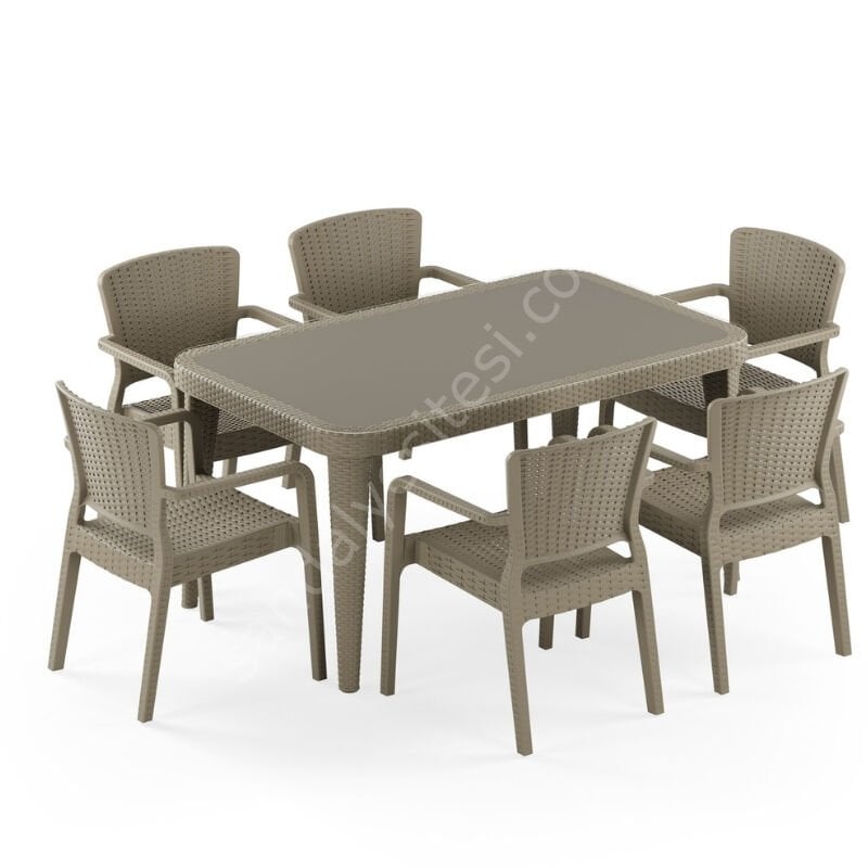 Seul 90x150 cm Rattan 6 Kişilik Camlı Masa Takımı Vizon