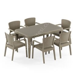 Seul 90x150 cm Rattan 6 Kişilik Camlı Masa Takımı Vizon