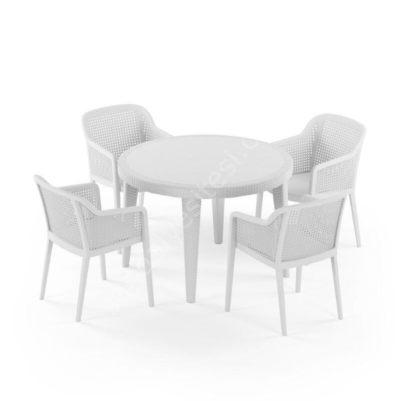 Londra 110 cm Rattan 4 Kişilik Camlı Masa Takımı Beyaz