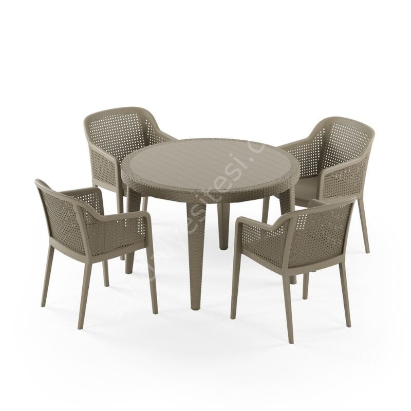 Londra Rattan  Camlı Masa Takımı Vizon