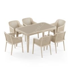 Atina 90x150 cm Rattan 6 Kişilik Camlı Masa Takımı Bej