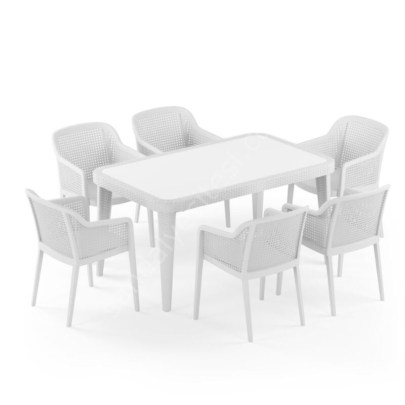 Atina 90x150 cm Rattan 6 Kişilik Camlı Masa Takımı Süt Beyazı