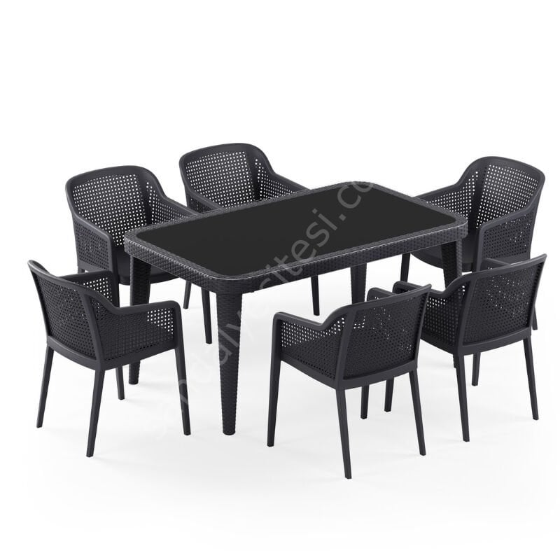Atina 90x150 cm Rattan 6 Kişilik Camlı Masa Takımı Antrasit