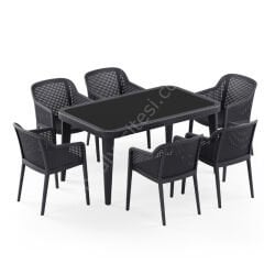 Atina 90x150 cm Rattan 6 Kişilik Camlı Masa Takımı Antrasit