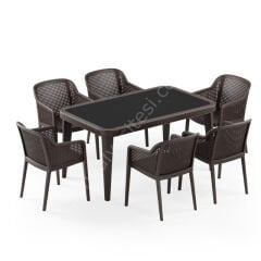 Atina 90x150 cm Rattan 6 Kişilik Camlı Masa Takımı Venge