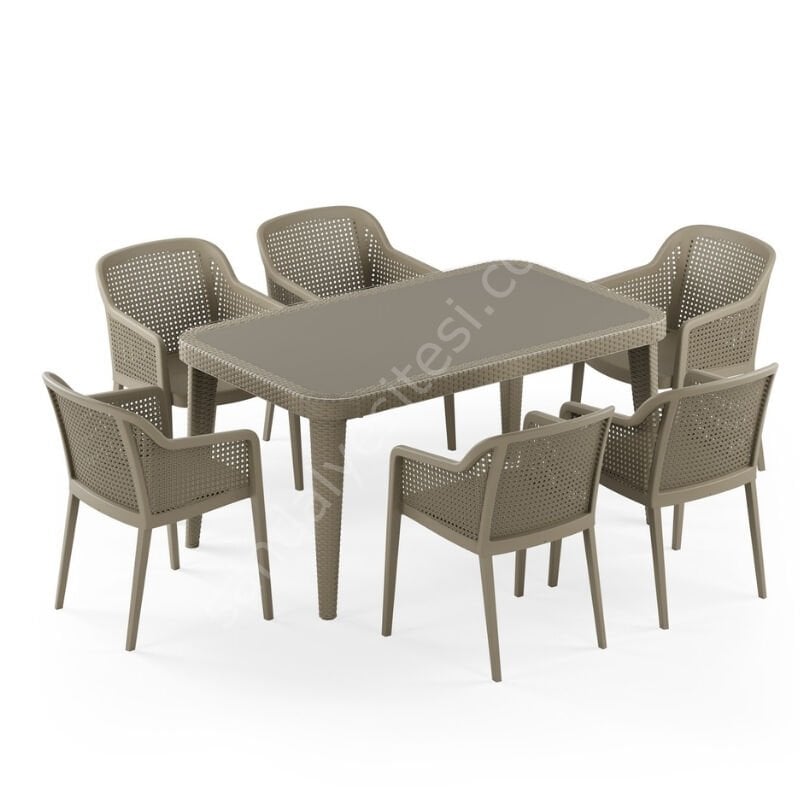 Atina 90x150 cm Rattan 6 Kişilik Camlı Masa Takımı Vizon
