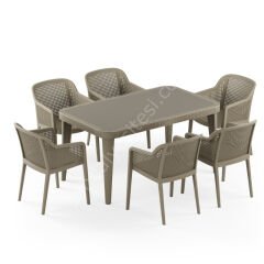 Atina 90x150 cm Rattan 6 Kişilik Camlı Masa Takımı Vizon