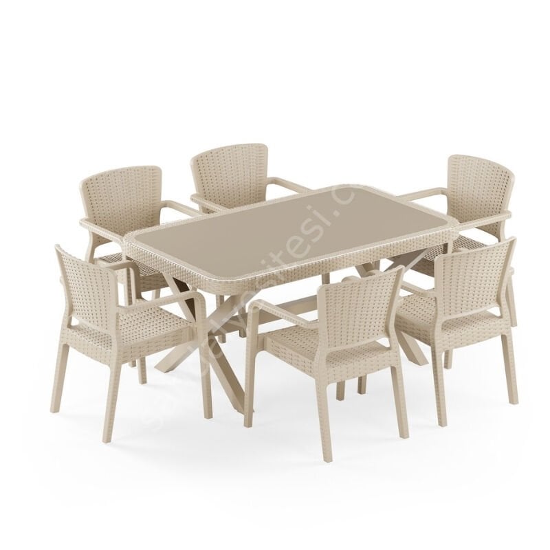 Sidney 90x150 cm Rattan 6 Kişilik Camlı Masa Takımı Bej