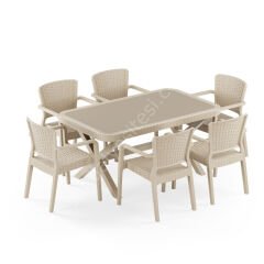 Sidney 90x150 cm Rattan 6 Kişilik Camlı Masa Takımı Bej