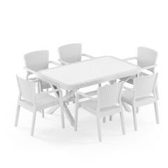 Sidney 90x150 cm Rattan 6 Kişilik Camlı Masa Takımı Süt Beyazı