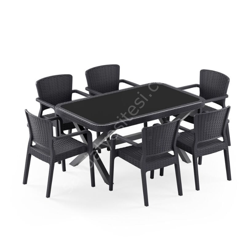 Sidney 90x150 cm Rattan 6 Kişilik Camlı Masa Takımı Antrasit