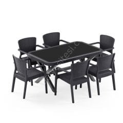 Sidney 90x150 cm Rattan 6 Kişilik Camlı Masa Takımı Antrasit