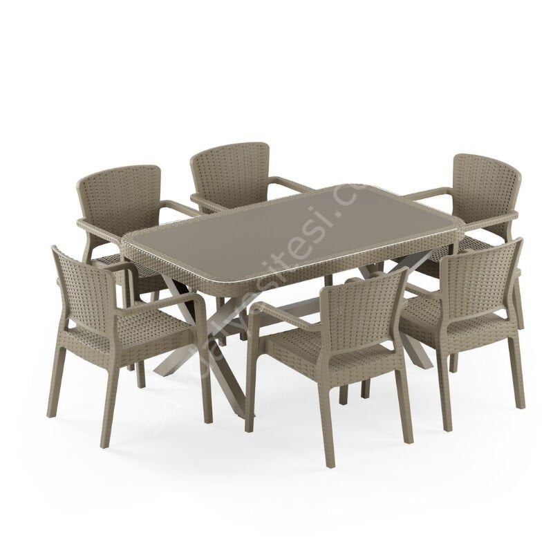 Sidney 90x150 cm Rattan 6 Kişilik Camlı Masa Takımı Vizon