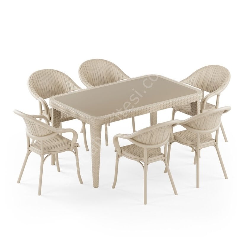 Viyana 90x150 cm Rattan 6 Kişilik Camlı Masa Takımı Bej