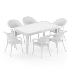 Viyana 90x150 cm Rattan 6 Kişilik Camlı Masa Takımı Süt Beyazı