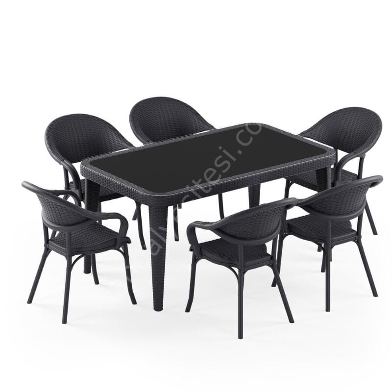 Viyana 90x150 cm Rattan 6 Kişilik Camlı Masa Takımı Antrasit