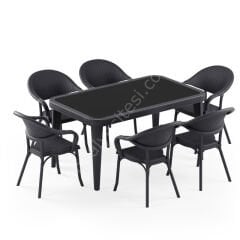 Viyana 90x150 cm Rattan 6 Kişilik Camlı Masa Takımı Antrasit