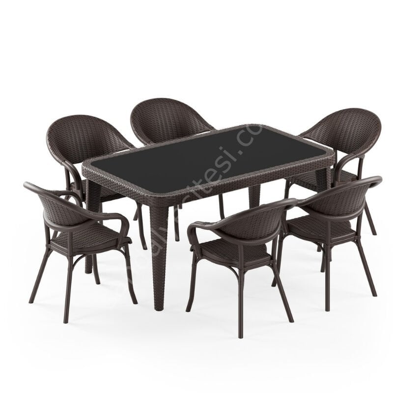 Viyana 90x150 cm Rattan 6 Kişilik Camlı Masa Takımı Venge