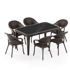 Viyana 90x150 cm Rattan 6 Kişilik Camlı Masa Takımı Venge