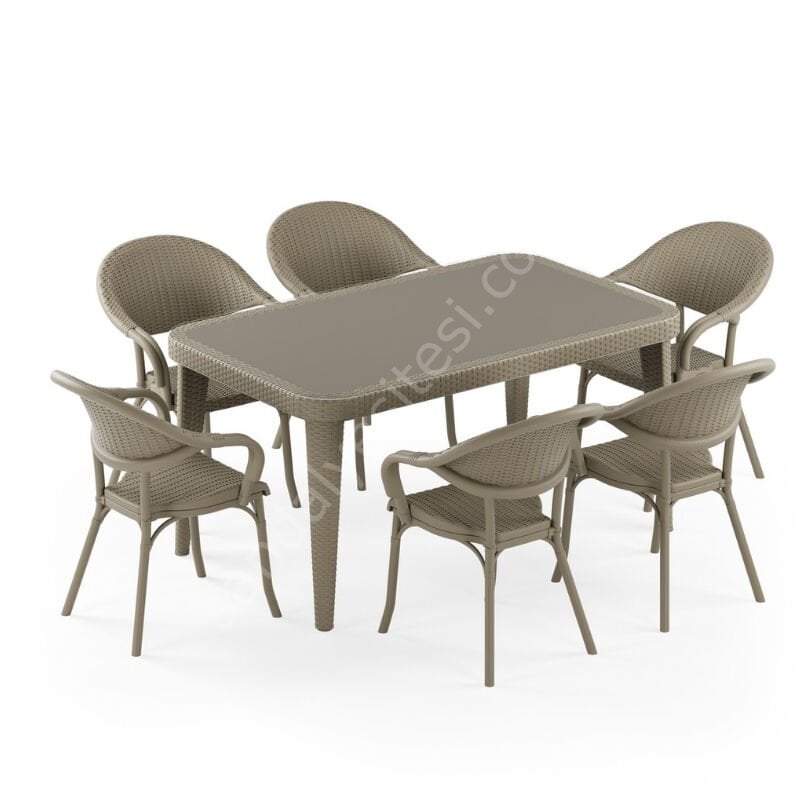 Viyana 90x150 cm Rattan 6 Kişilik Camlı Masa Takımı Vizon