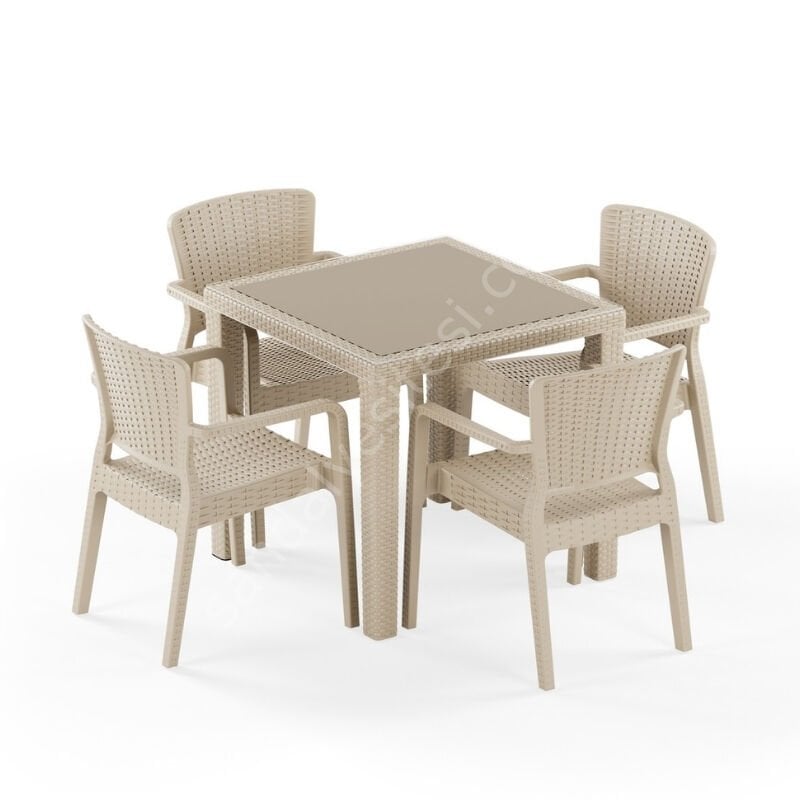 Town 80x80 cm Rattan 4 Kişilik Camlı Masa Takımı Kahve Bej