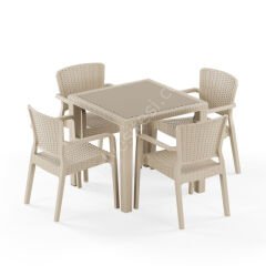 Town 80x80 cm Rattan 4 Kişilik Camlı Masa Takımı Kahve Bej
