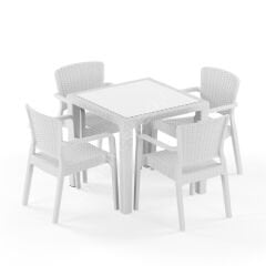 Town 80x80 cm Rattan 4 Kişilik Camlı Masa Takımı Kahve Süt Beyazı