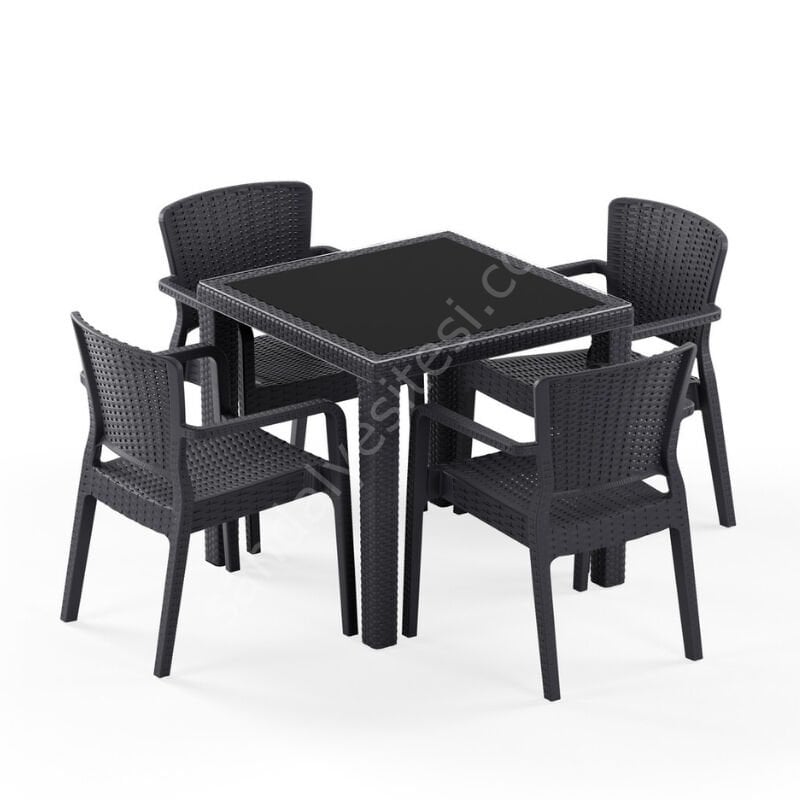 Town 80x80 cm Rattan 4 Kişilik Camlı Masa Takımı Kahve Antrasit