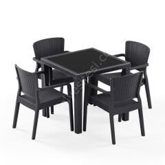 Town 80x80 cm Rattan 4 Kişilik Camlı Masa Takımı Kahve Antrasit