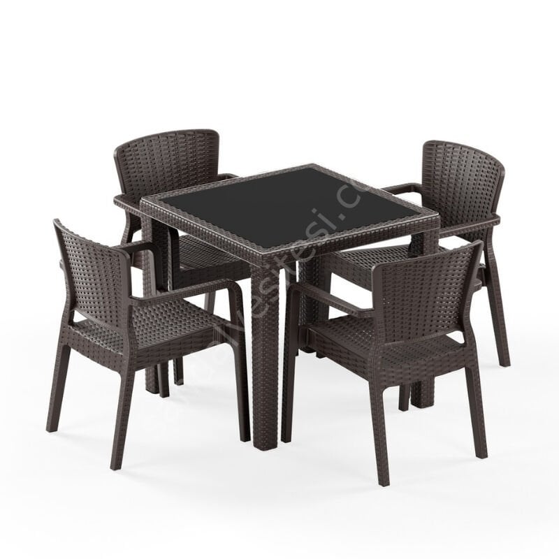 Town 80x80 cm Rattan 4 Kişilik Camlı Masa Takımı Kahve Venge