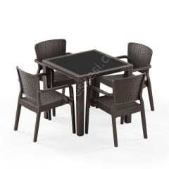 Town 80x80 cm Rattan 4 Kişilik Camlı Masa Takımı Kahve Venge