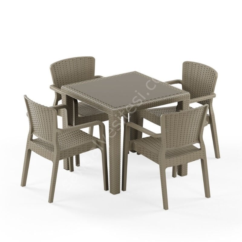Town 80x80 cm Rattan 4 Kişilik Camlı Masa Takımı Kahve Vizon