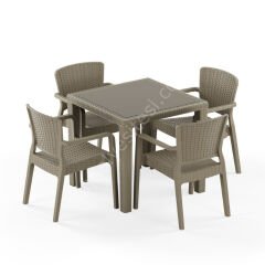Town 80x80 cm Rattan 4 Kişilik Camlı Masa Takımı Kahve Vizon