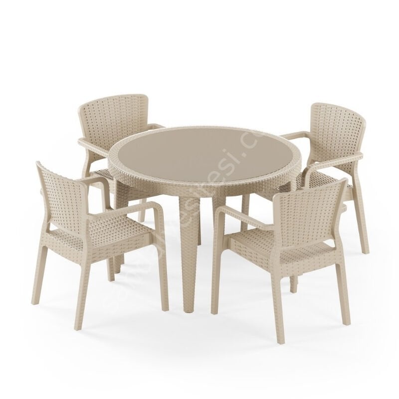 Paris 110 cm Rattan 4 Kişilik Camlı Masa Takımı Bej