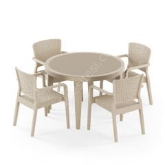 Paris 110 cm Rattan 4 Kişilik Camlı Masa Takımı Bej