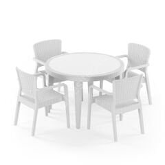 Paris 110 cm Rattan 4 Kişilik Camlı Masa Takımı Süt Beyazı