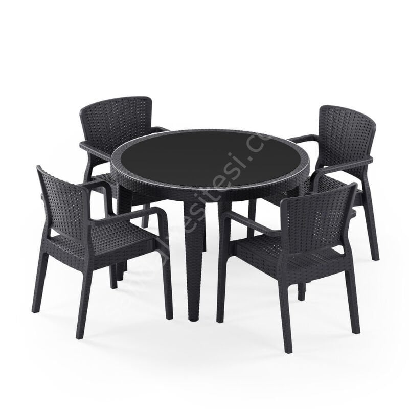 Paris 110 cm Rattan 4 Kişilik Camlı Masa Takımı Antrasit
