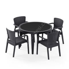 Paris 110 cm Rattan 4 Kişilik Camlı Masa Takımı Antrasit