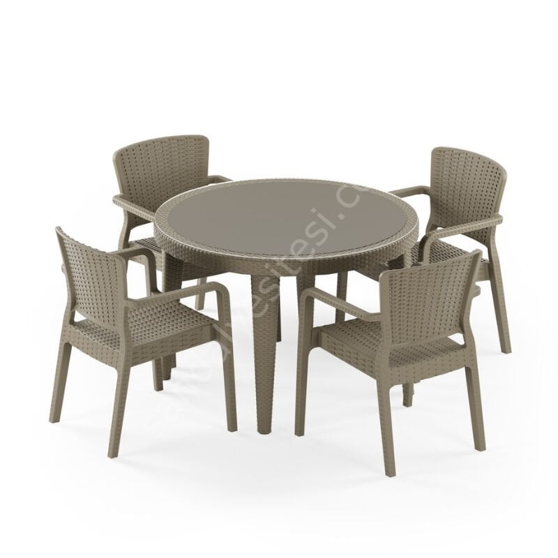 Paris 110 cm Rattan 4 Kişilik Camlı Masa Takımı Vizon