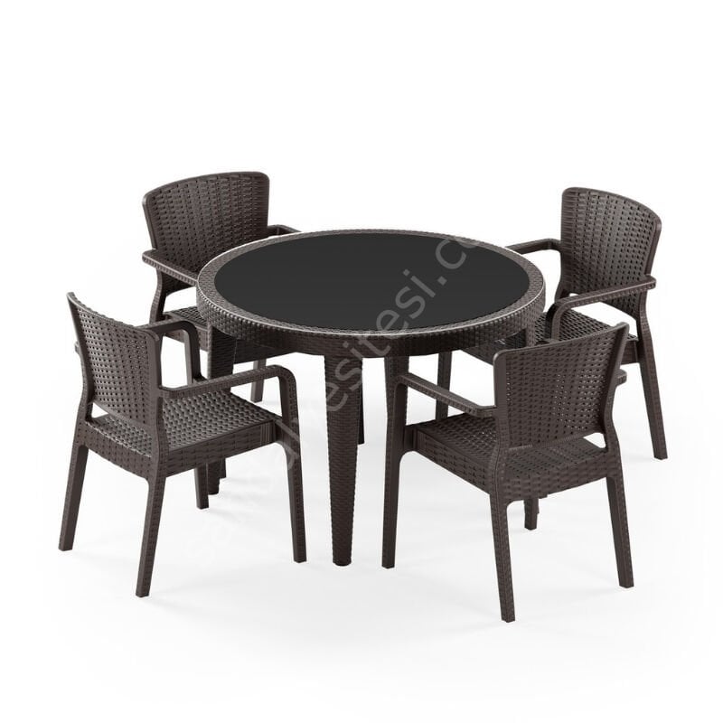 Paris 110 cm Rattan 4 Kişilik Camlı Masa Takımı Kahve