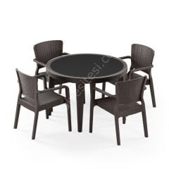 Paris 110 cm Rattan 4 Kişilik Camlı Masa Takımı Kahve