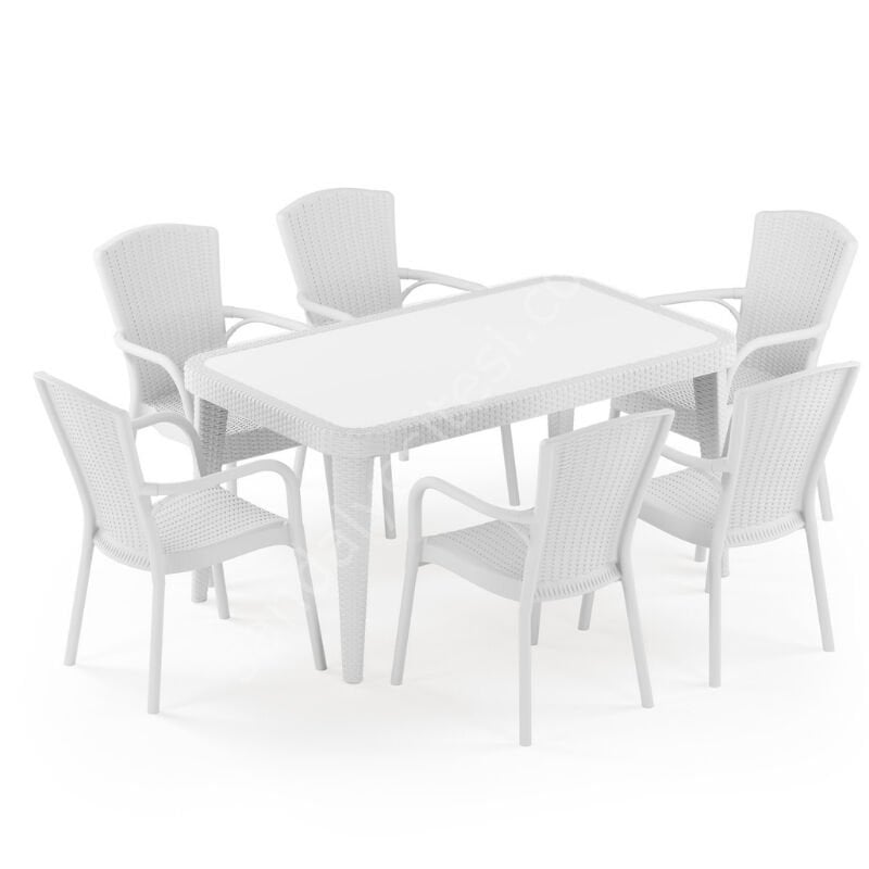 Milano 90x150 cm Rattan 6 Kişilik Camlı Masa Takımı Beyaz