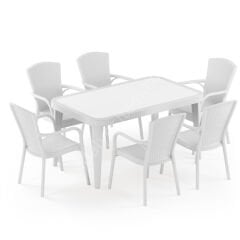 Milano 90x150 cm Rattan 6 Kişilik Camlı Masa Takımı Beyaz