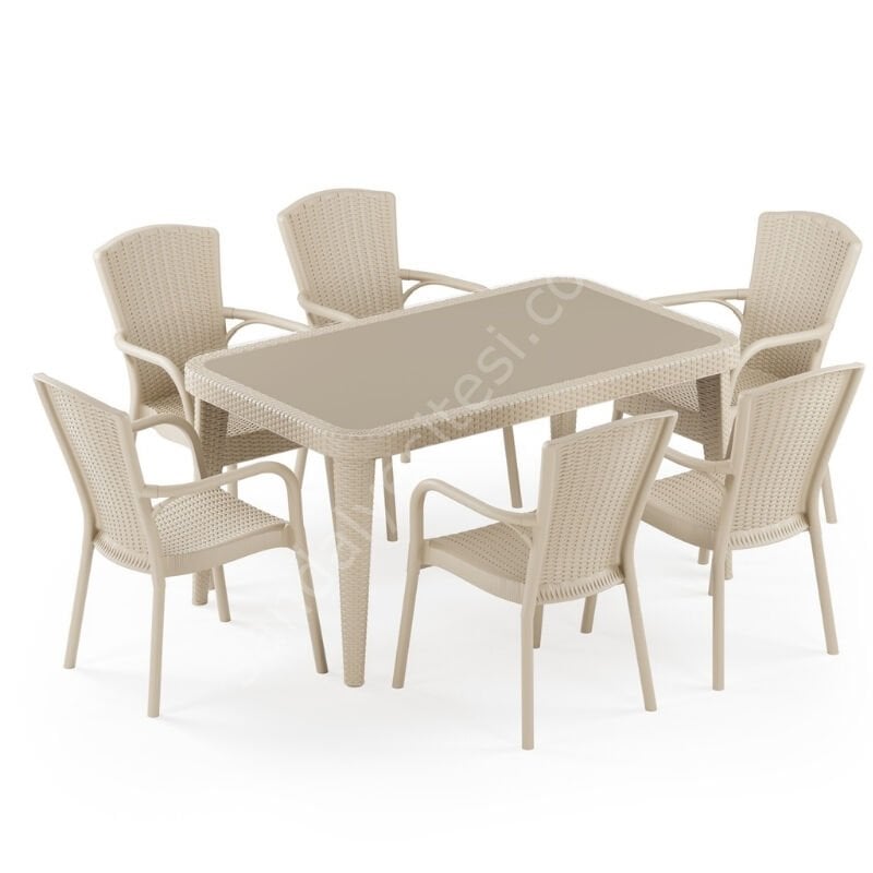 Milano 90x150 cm Rattan 6 Kişilik Camlı Masa Takımı Bej